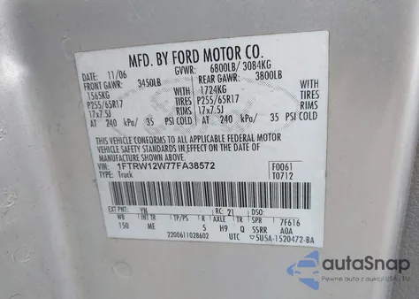 2007 Ford F-150 Xlt from USA, damaged, VIN 1FTRW12W77FA38572
